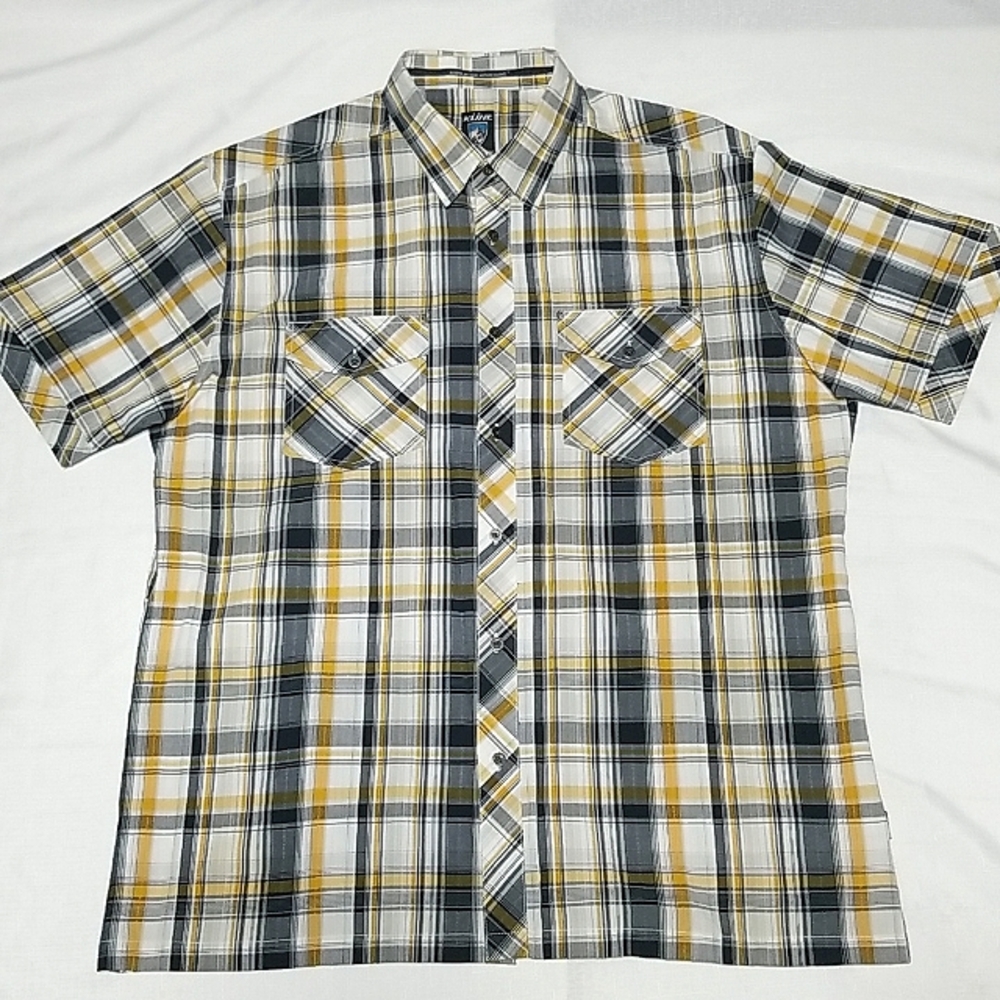 Kuhl Shirt Black Orange Stripes Short Sleeve Suncel Button Pockets Size  XL